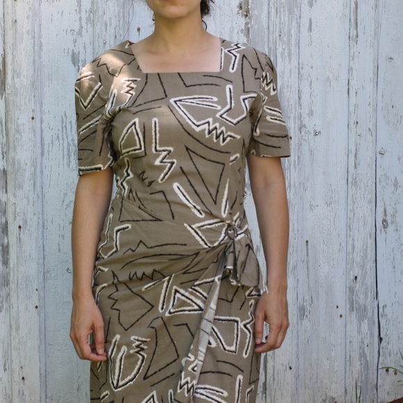 80's Square Neck Short Sleeve Geometric Print - Picture 1 of 6